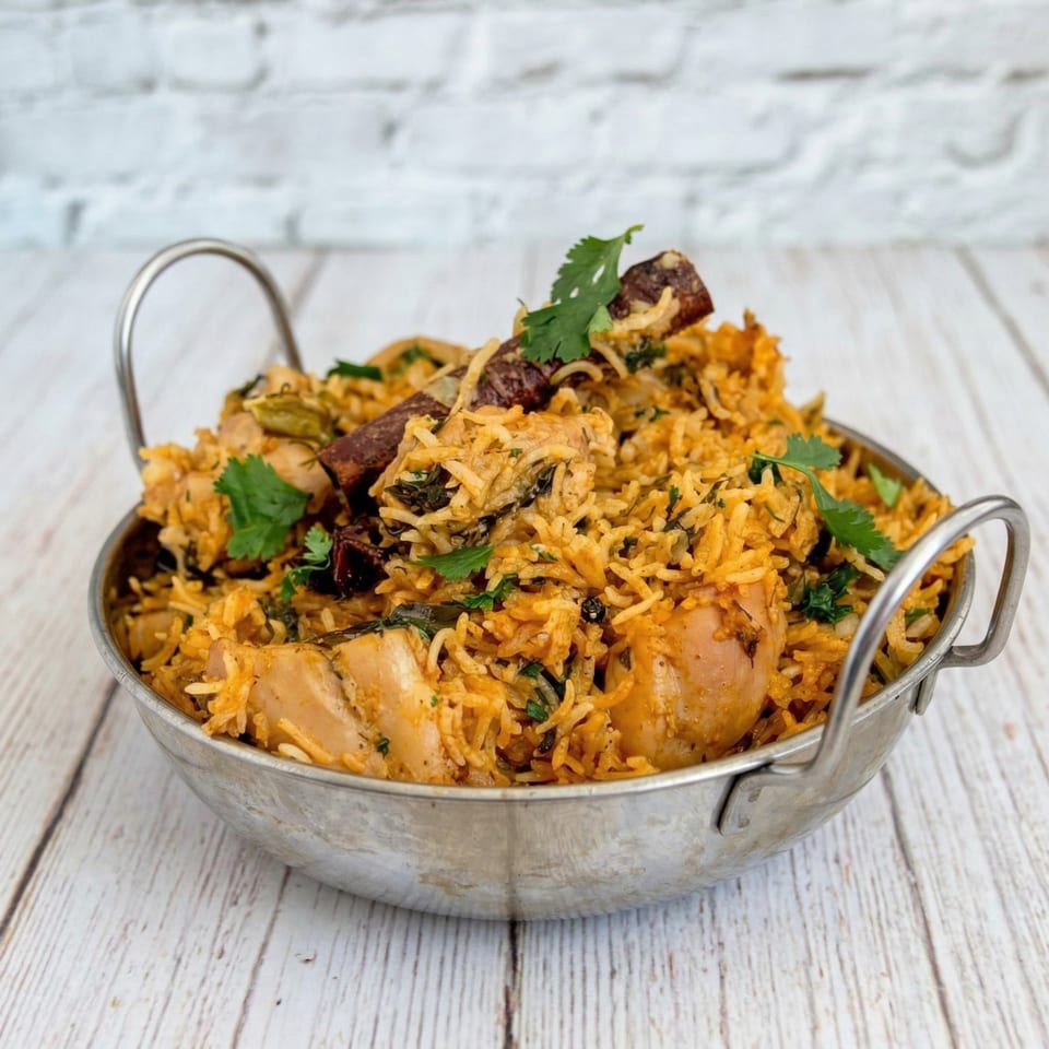 Chicken Biryani, an Indian rice dish with chicken and spices, in a metal serving bowl.