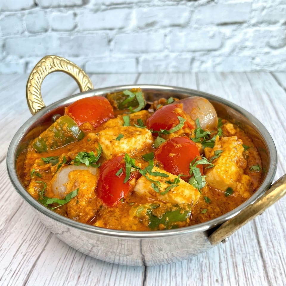 Indian Kadai Paneer with tomatoes, onions, and green peppers in a metal karahi.