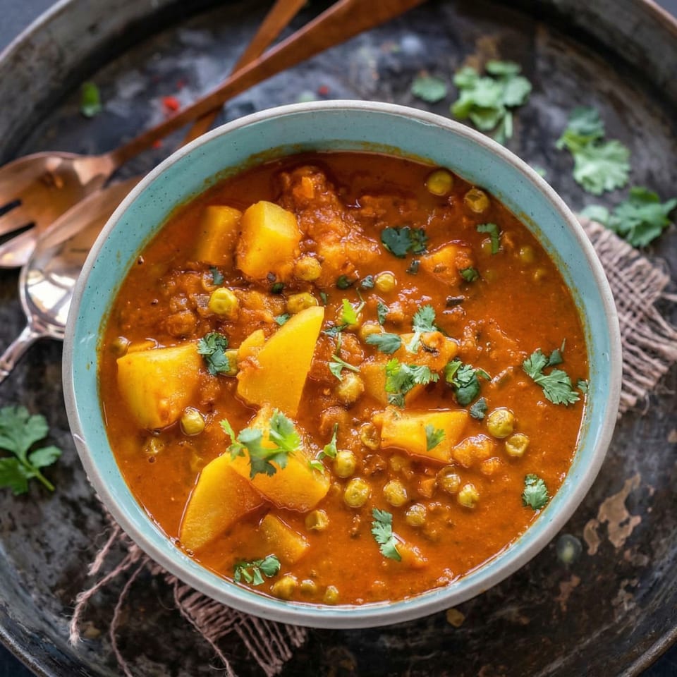 Aloo Matar, an Indian potato and pea curry, in a blue bowl on a rustic metal tray.